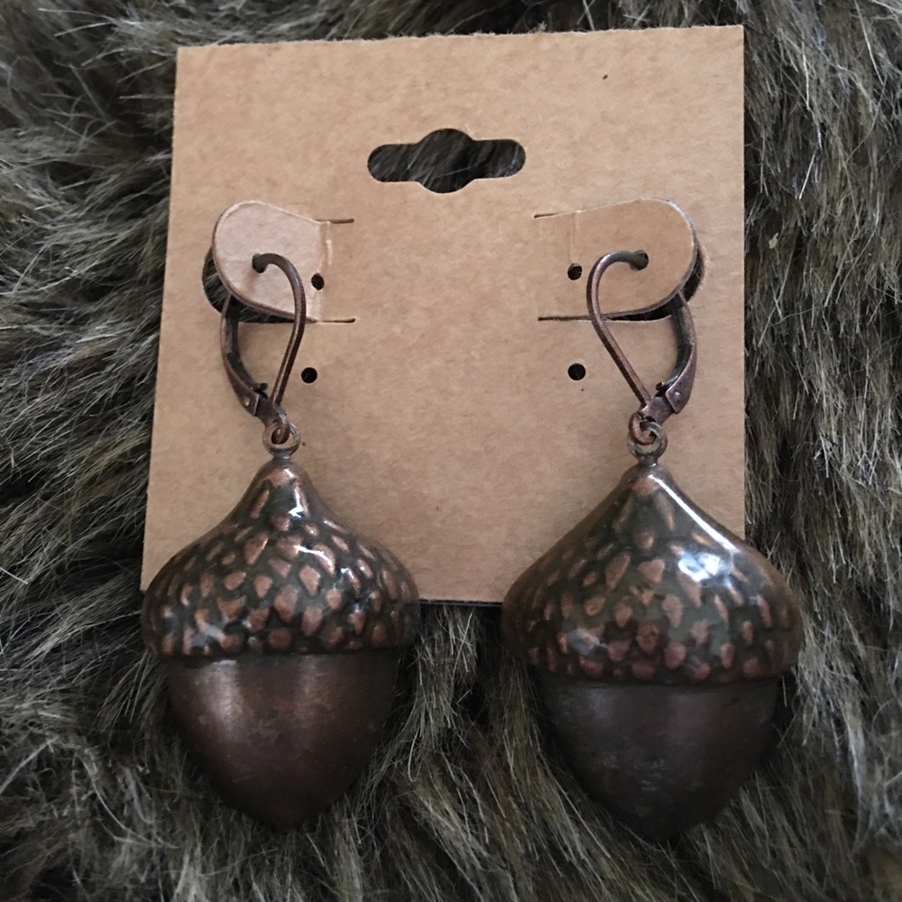 Copper tone hollow acorn drop lever back earrings